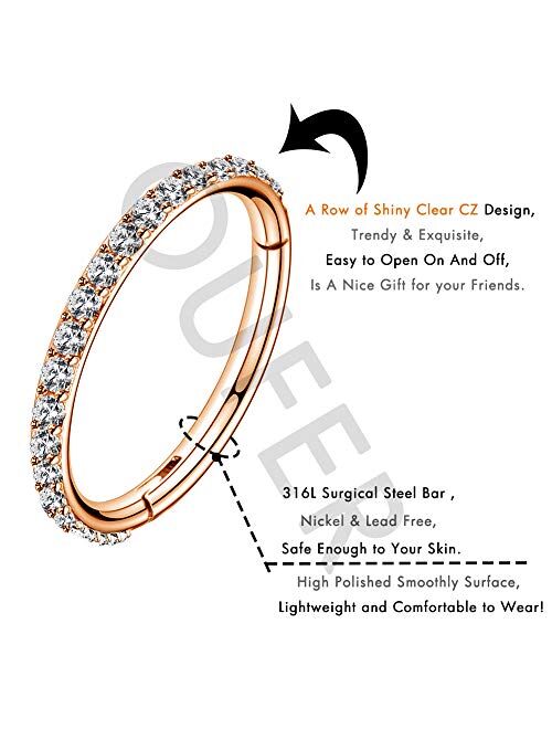 OUFER Rose Gold Tragus Earring Hoop 16G Stainless Steel Cartilage Earrings Clear CZ Paved Tragus Helix Earrings Cartilage Earring Septum Nose Ring Hoop