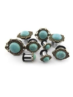 Pair of 00 Gauge (00G - 10mm) Turquoise Stone Cabochon Front Steel Plugs
