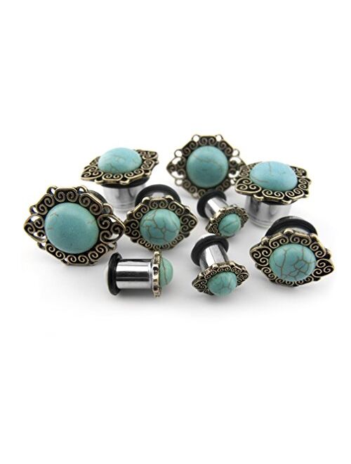Urban Body Jewelry Pair of 00 Gauge (00G - 10mm) Turquoise Stone Cabochon Front Steel Plugs