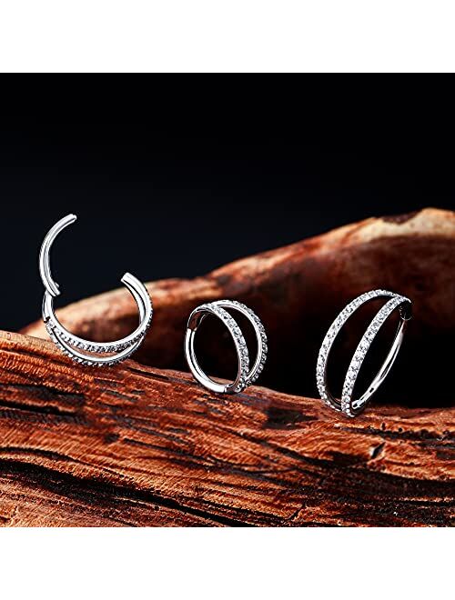 OUFER Double Row Diamonds Septum Piercing Jewelry Cartilage Earrings Stainless Steel Helix Earring Hoop Daith Ring with Shiny Clear CZ