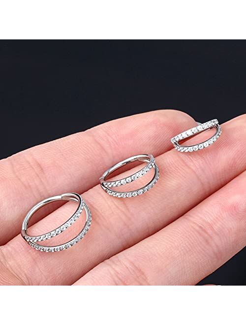 OUFER Double Row Diamonds Septum Piercing Jewelry Cartilage Earrings Stainless Steel Helix Earring Hoop Daith Ring with Shiny Clear CZ