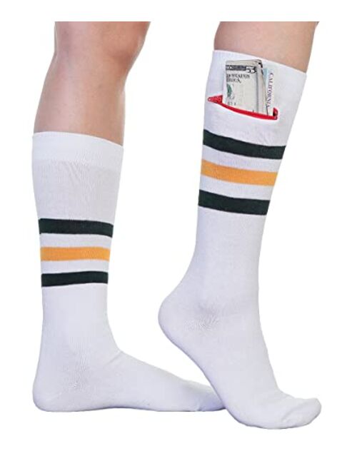 Pocket Socks Unisex with Zip Security Pocket for ID, Key or Cash, One Size Fits Most - 2 Pack Bundle White Sports Stripes