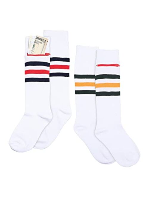 Pocket Socks Unisex with Zip Security Pocket for ID, Key or Cash, One Size Fits Most - 2 Pack Bundle White Sports Stripes