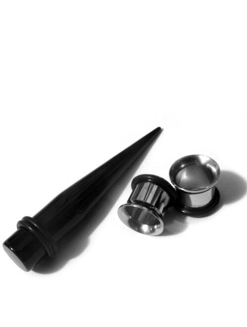 Urban Body Jewelry 0 Gauge Ear Stretching Kit - (0G - 8mm) 1 Pair of Steel Plugs & 1 Black Acrylic Taper (3 Pieces)