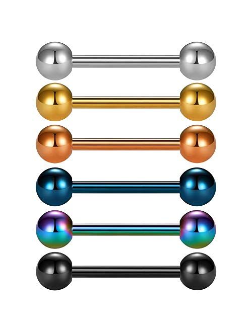 OUFER 6PCS Grade 23 Solid Titanium Tongue Rings Colorful Tongue Barbell Tongue Body Piercing Jewelry