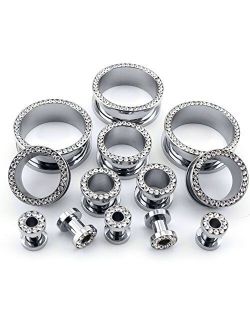 Pair of 2 Gauge (2G - 6mm) Stainless Steel CZ Bling Ear Tunnels Plugs/Gauges