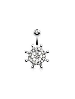 14G Ships Wheel Belly Button Ring Clear CZ Gems