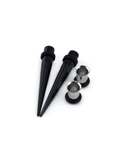 1 Gauge Ear Stretching Kit - (1G - 7mm) 2 Black Acrylic Tapers & 2 Steel Tunnels (4 Pieces)