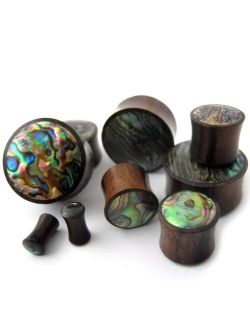 Pair of 9/16 (14mm) Gauge Abalone Shell Inlay Wooden Plugs - Double Flare (WD031)