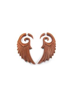 Wooden Angel Wing Fake Gauge Spiral Tribal Earrings (19G - 0.9mm) (UL146)