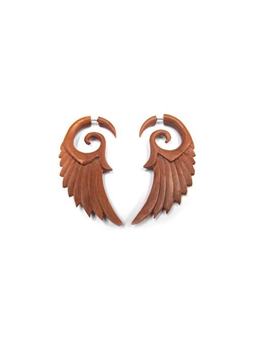 Urban Body Jewelry Wooden Angel Wing Fake Gauge Spiral Tribal Earrings (19G - 0.9mm) (UL146)