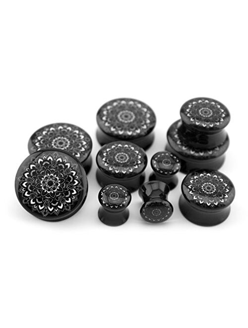 Urban Body Jewelry Pair of 5/8" Gauge (16mm) Black Mandala Flower Plugs - Double Flare