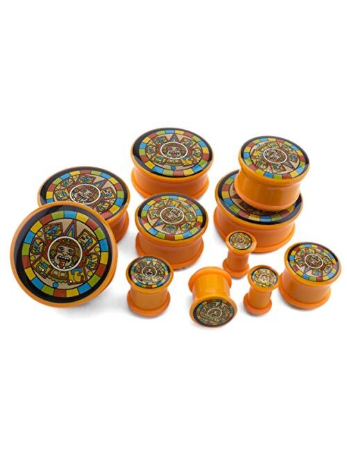 Urban Body Jewelry Pair of 1 Inch (25mm) Orange Aztec Plugs/Gauges - Single Flare