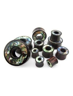 Pair of 1 & 1/8" Inch (29mm) Sono Wood Tunnel Plugs with Abalone Shell Inlay