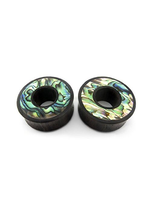 Urban Body Jewelry Pair of 1 & 1/8" Inch (29mm) Sono Wood Tunnel Plugs with Abalone Shell Inlay