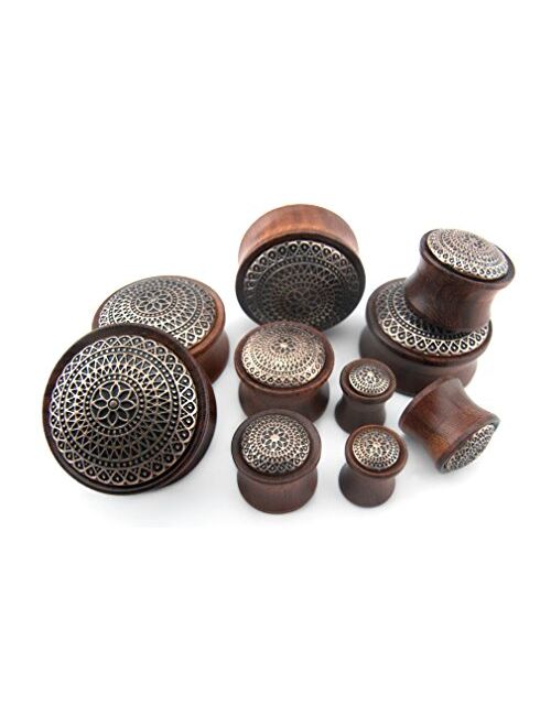 Urban Body Jewelry Pair of 5/8" Gauge (16mm) Rose Wood Plugs with Lotus Ornament Inlay