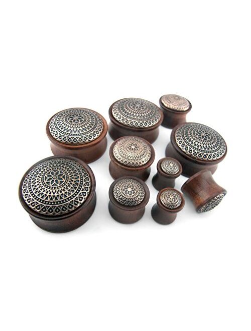 Urban Body Jewelry Pair of 5/8" Gauge (16mm) Rose Wood Plugs with Lotus Ornament Inlay