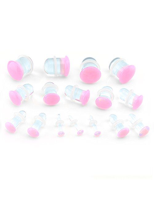Urban Body Jewelry Pink Color Front Single Flare Glass Plugs Sizes/Gauges (1 Pair - 2 Pieces)