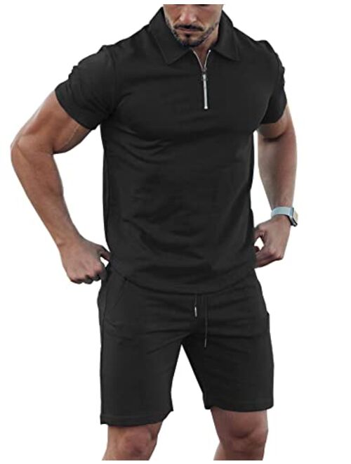 URRU Mens Short Sleeve Casual Polo Shirt and Shorts Sets Two Piece Summer Outfits Zip Polo Tracksuit Set for Men S-XXL