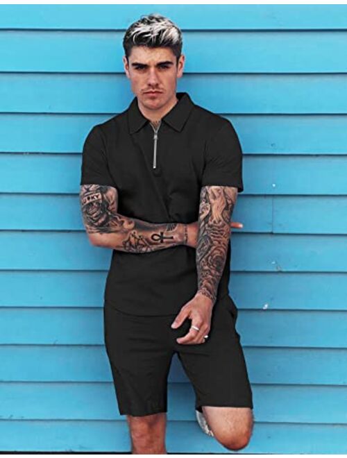 URRU Mens Short Sleeve Casual Polo Shirt and Shorts Sets Two Piece Summer Outfits Zip Polo Tracksuit Set for Men S-XXL