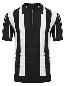 URRU Men's Casual Short Sleeve Knitted Golf Polo Slim Fit Contrast Striped Vintage Zipper Athletic Top S-XXL