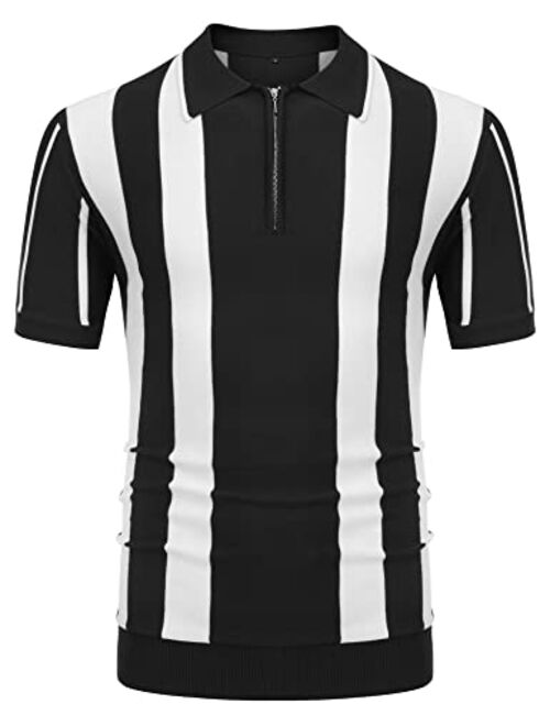 URRU Men's Casual Short Sleeve Knitted Golf Polo Slim Fit Contrast Striped Vintage Zipper Athletic Top S-XXL