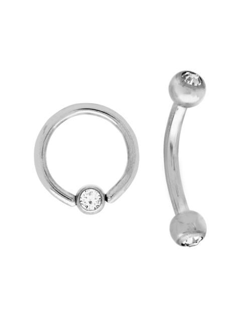 Rhona Sutton Bodifine Stainless Steel Set of 2 Crystal Eyebrow Bar and Ring