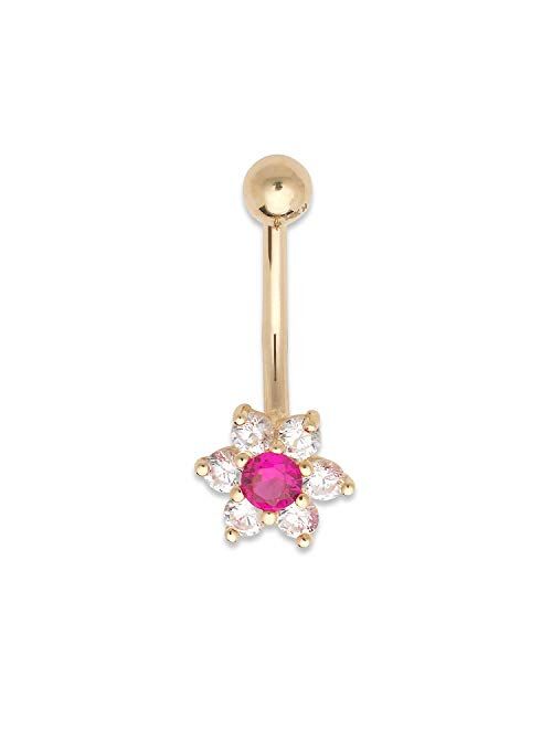 JewelryWeb Curata Solid 14k Gold Red Cubic Zirconia Flower Belly Button Ring Dangle (7mm x 22mm) (Yellow-Gold)