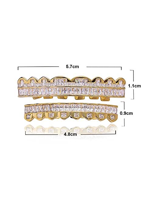 LKV Gold Teeth Grillz Square Micro Paved CZ Diamond 8 Teeth Top Bottom Men Women Vampire Mouth Grill with Extra Molding Bars