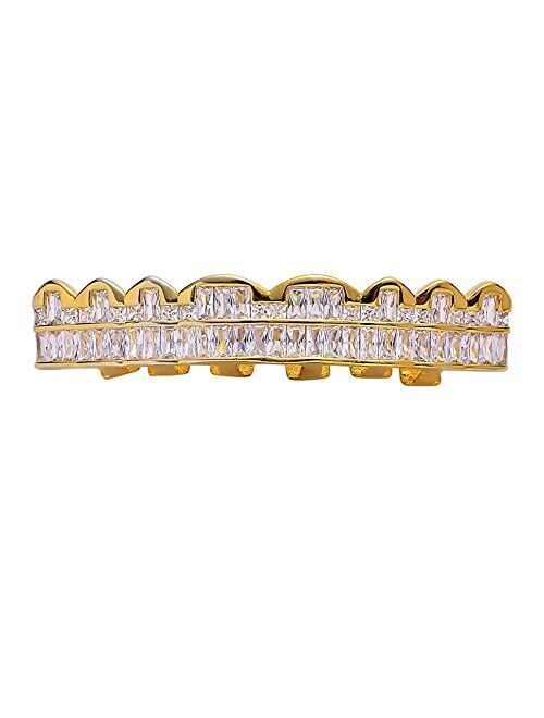 LKV Gold Teeth Grillz Square Micro Paved CZ Diamond 8 Teeth Top Bottom Men Women Vampire Mouth Grill with Extra Molding Bars
