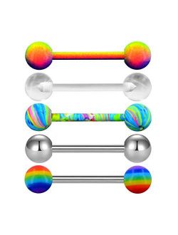 5PCS 14G Stainless Steel Tongue Rings Barbell Rainbow Colorful Tongue Bar Piercing