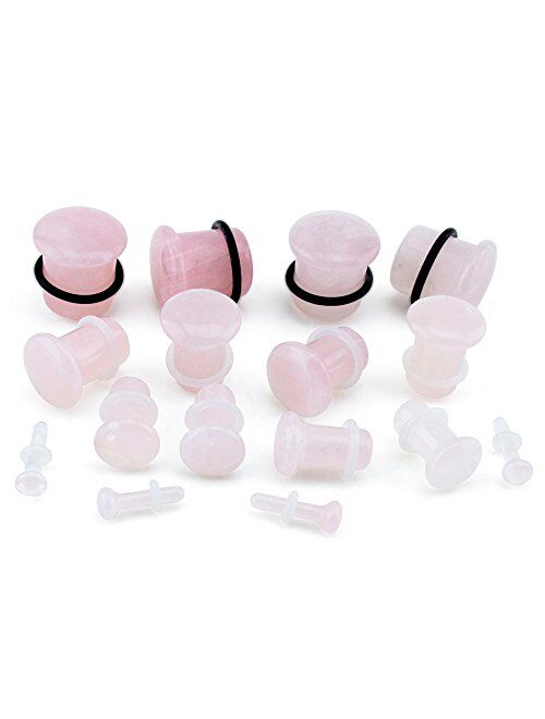 Urban Body Jewelry 0 Gauge (0G - 8mm) Light Rose Quartz Pink/Clear Stone Single Flare Plugs/Gauges (1 Pair)
