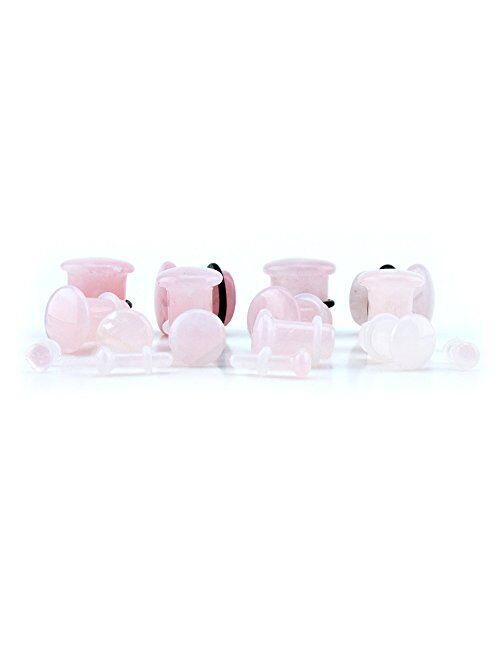 Urban Body Jewelry 0 Gauge (0G - 8mm) Light Rose Quartz Pink/Clear Stone Single Flare Plugs/Gauges (1 Pair)
