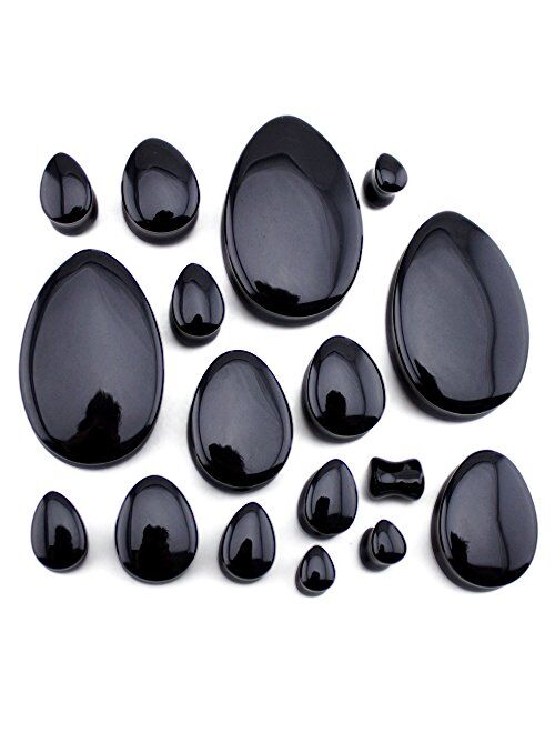 Urban Body Jewelry 1 Pair of 1 & 3/8" Inch (35mm) Black Obsidian Stone Teardrop Plugs/Gauges