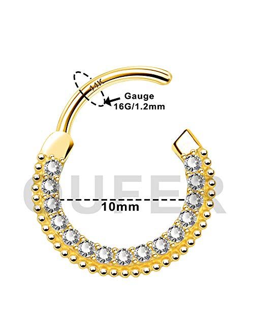 OUFER 14K Solid Gold Septum Piercing Hoop 16G Daith Earrings Hoop Clear CZ Paved Daith Septum Clicker Hoop 10mm Inner Diameter