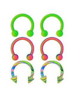 OUFER 6PCS 16G Stainless Steel Horseshoe Circular Barbells Rainbow Green Paint Horseshoe Rings Daith Earring Helix Tragus Eyebrow Piercing Jewelry