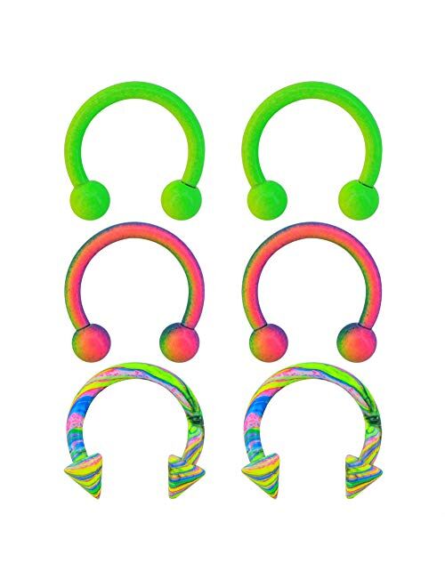 OUFER 6PCS 16G Stainless Steel Horseshoe Circular Barbells Rainbow Green Paint Horseshoe Rings Daith Earring Helix Tragus Eyebrow Piercing Jewelry