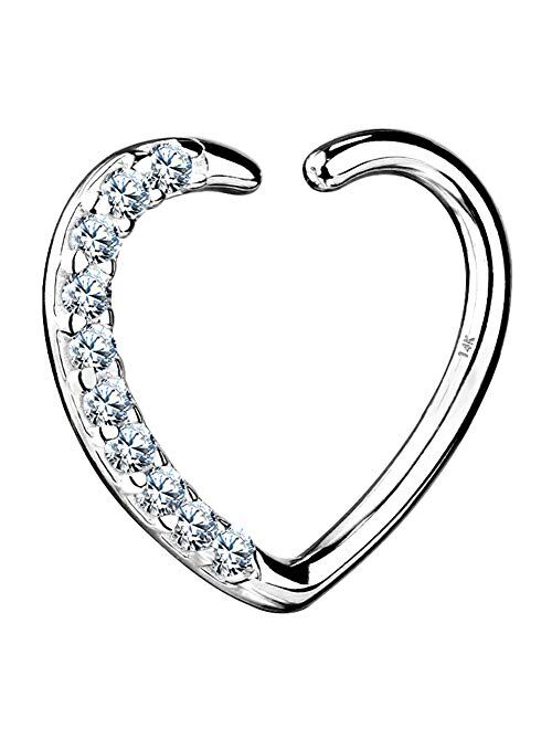OUFER Heart Daith Earring 14K Soild White Gold Heart Sharped Right Closure Daith Cartilage Tragus Helix Earrings 16 Gauge Piercing Jewelry