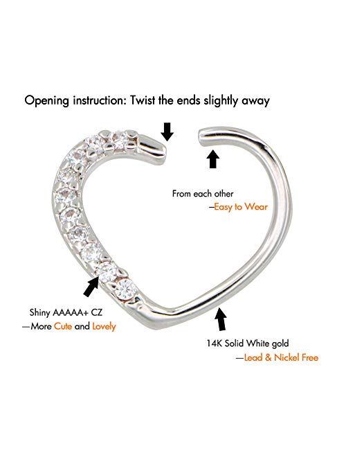 OUFER Heart Daith Earring 14K Soild White Gold Heart Sharped Right Closure Daith Cartilage Tragus Helix Earrings 16 Gauge Piercing Jewelry