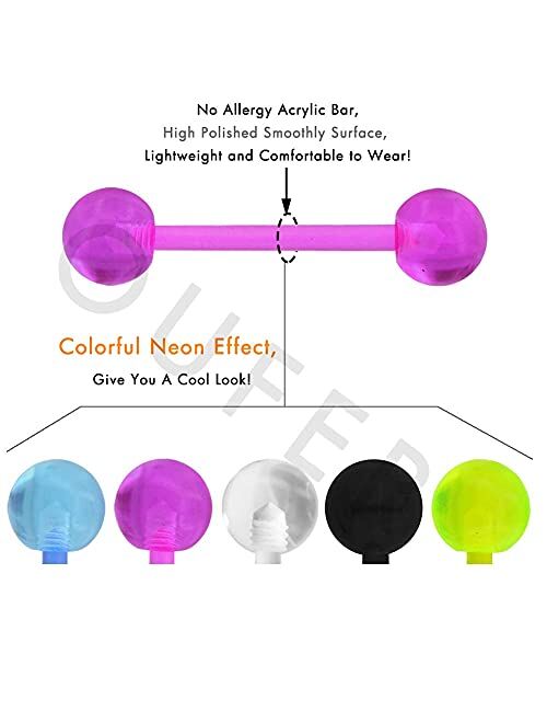 OUFER 5 PCS No Allergy Neon Acrylic Tongue Rings Colorful Tongue Barbell Tongue Piercing Jewelry