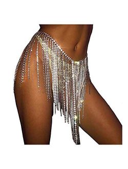 Fstrend Rhinestone Body Chains Crystal Dance Skirts Tassel Sexy Bikini Beach Chain Hip Waist Belts Fashion Nightclub Jewelry Accessories for Women and Girls (Gold)