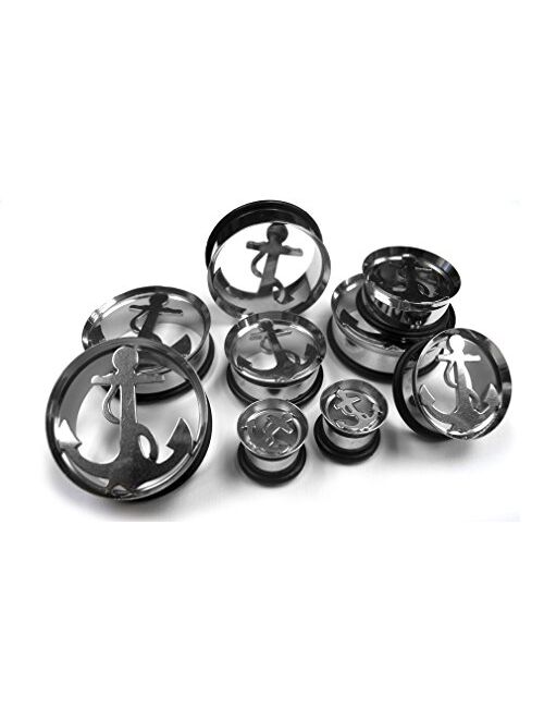 Urban Body Jewelry (5/8" Gauge ~ 16mm) 1 Pair of Stainless Steel Anchor Tunnel Plugs (STL005)