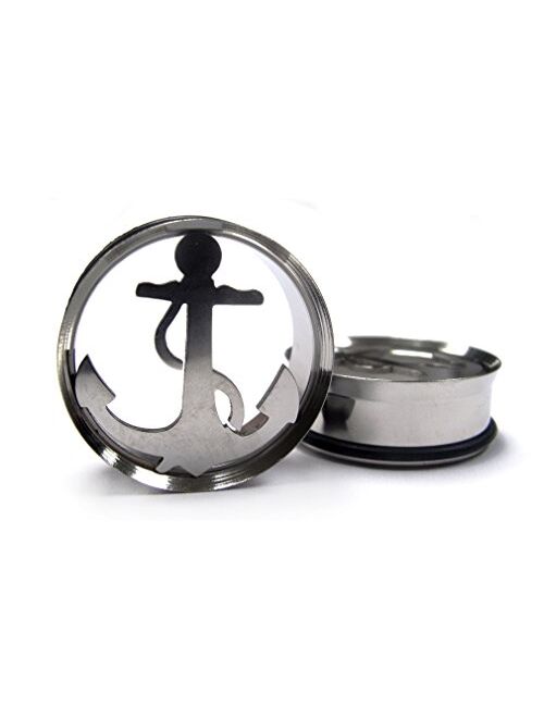 Urban Body Jewelry (5/8" Gauge ~ 16mm) 1 Pair of Stainless Steel Anchor Tunnel Plugs (STL005)
