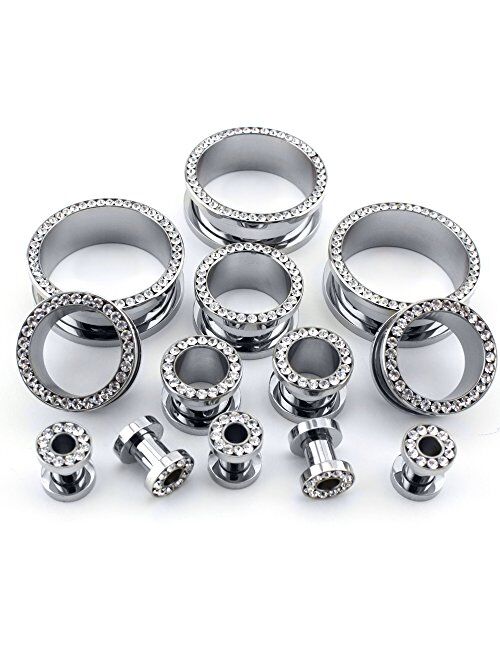 Urban Body Jewelry Pair of 3/4" (19mm) Stainless Steel CZ Bling Ear Tunnels Plugs/Gauges