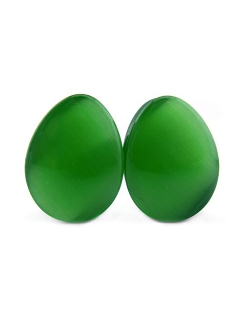 Urban Body Jewelry 1 Pair of 0 Gauge (0G - 8mm) Green Cat's Eye Glass Teardrop Plugs