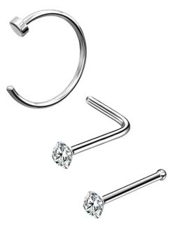20g Nose Ring Hoop, 3PCS Grade 23 Solid Titanium Nose Rings, Clear CZ Nose Stud, L Shaped Nose Piercing Jewelry