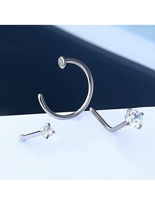 OUFER 20g Nose Ring Hoop, 3PCS Grade 23 Solid Titanium Nose Rings, Clear CZ Nose Stud, L Shaped Nose Piercing Jewelry