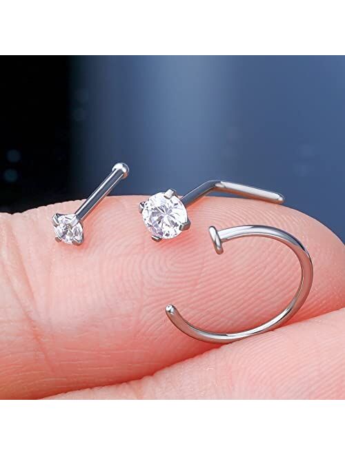 OUFER 20g Nose Ring Hoop, 3PCS Grade 23 Solid Titanium Nose Rings, Clear CZ Nose Stud, L Shaped Nose Piercing Jewelry