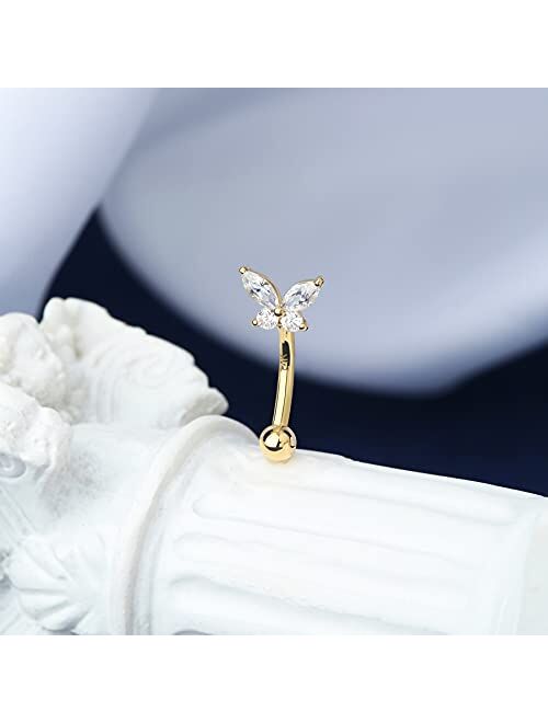 OUFER Gold Rook Piercing Jewelry 14K Solid Gold Butterfly Eyebrow Rings Rook Earrings 16G Daith Curved Barbell