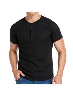 Yawyews Men's Waffle Henley Shirts Casual Cotton Short Sleeve T-Shirt Sport Tops